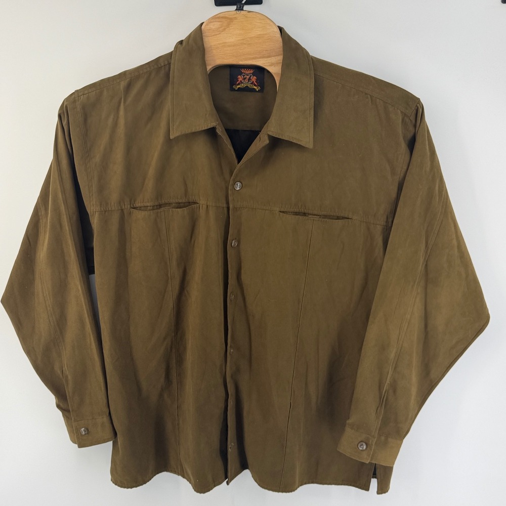 7 Diamonds Mens XL Faux Suede Button Down Shirt Olive Green Long Sleeve Pockets